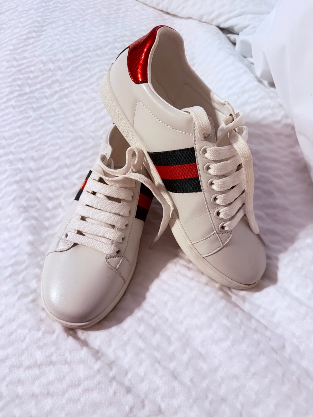 Women's White Sneakers with Green and Red Stripe - Picture 2 of 6